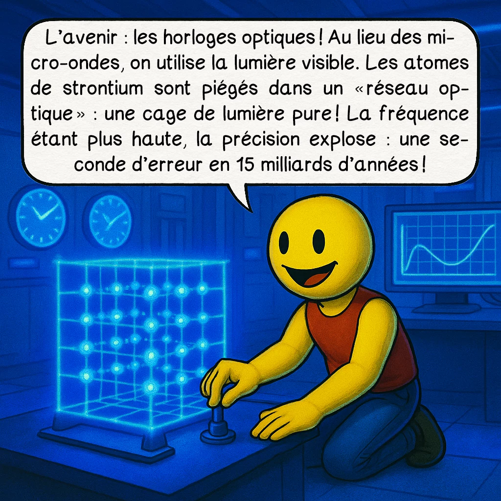L’horloge atomique, case 9 : L’avenir : les horloges optiques ! Au lieu des micro-ondes, on utilise la lumière visible. Les atomes de strontium sont piégés dans un « réseau optique » : une cage de lumière pure ! La fréquence étant plus haute, la précision explose : une seconde d’erreur en 15 milliards d’années !