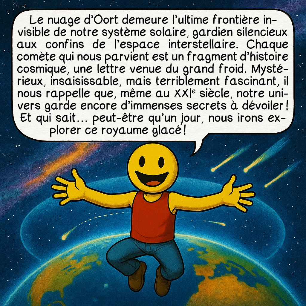 Le nuage d’Oort, case 10 : Le nuage d’Oort demeure l’ultime frontière invisible de notre système solaire, gardien silencieux aux confins de l’espace interstellaire. Chaque comète qui nous parvient est un fragment d’histoire cosmique, une lettre venue du grand froid. Mystérieux, insaisissable, mais terriblement fascinant, il nous rappelle que, même au XXIe siècle, notre univers garde encore d’immenses secrets à dévoiler ! Et qui sait… peut-être qu’un jour, nous irons explorer ce royaume glacé !