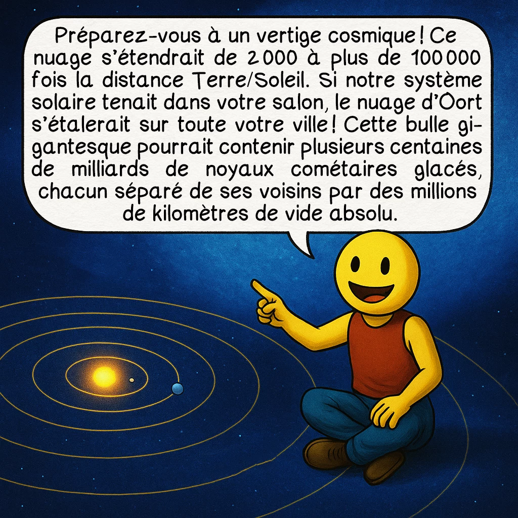 Le nuage d’Oort, case 2 : Préparez-vous à un vertige cosmique ! Ce nuage s’étendrait de 2 000 à plus de 100 000 fois la distance Terre/Soleil. Si notre système solaire tenait dans votre salon, le nuage d’Oort s’étalerait sur toute votre ville ! Cette bulle gigantesque pourrait contenir plusieurs centaines de milliards de noyaux cométaires glacés, chacun séparé de ses voisins par des millions de kilomètres de vide absolu.