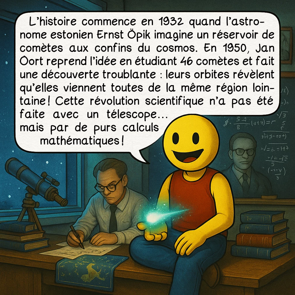 Le nuage d’Oort, case 3 : L’histoire commence en 1932 quand l’astronome estonien Ernst Öpik imagine un réservoir de comètes aux confins du cosmos. En 1950, Jan Oort reprend l’idée en étudiant 46 comètes et fait une découverte troublante : leurs orbites révèlent qu’elles viennent toutes de la même région lointaine ! Cette révolution scientifique n’a pas été faite avec un télescope… mais par de purs calculs mathématiques !
