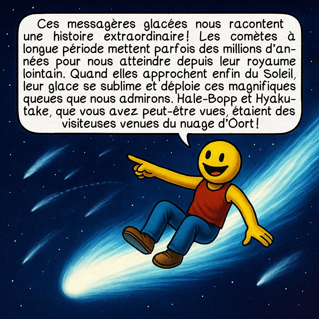 Le nuage d’Oort, case 4 : Ces messagères glacées nous racontent une histoire extraordinaire ! Les comètes à longue période mettent parfois des millions d’années pour nous atteindre depuis leur royaume lointain. Quand elles approchent enfin du Soleil, leur glace se sublime et déploie ces magnifiques queues que nous admirons. Hale-Bopp et Hyakutake, que vous avez peut-être vues, étaient des visiteuses venues du nuage d’Oort !