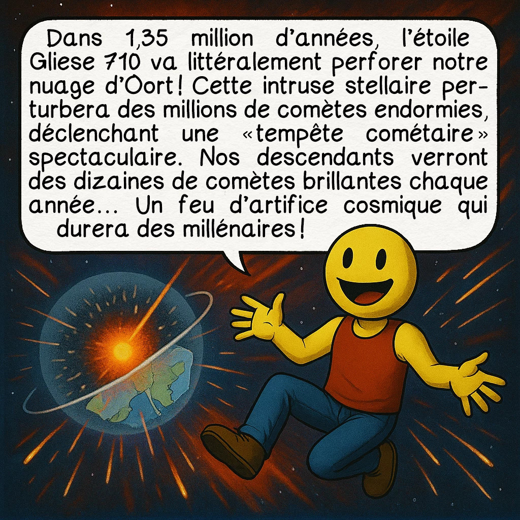 Le nuage d’Oort, case 5 : Dans 1,35 million d’années, l’étoile Gliese 710 va littéralement perforer notre nuage d’Oort ! Cette intruse stellaire perturbera des millions de comètes endormies, déclenchant une « tempête cométaire » spectaculaire. Nos descendants verront des dizaines de comètes brillantes chaque année… Un feu d’artifice cosmique qui durera des millénaires !