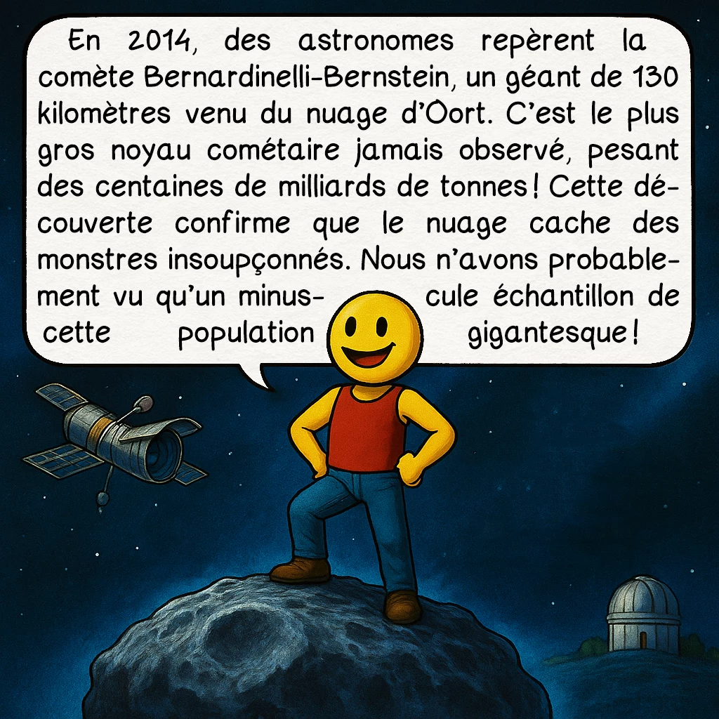 Le nuage d’Oort, case 6 : En 2014, des astronomes repèrent la comète Bernardinelli-Bernstein, un géant de 130 kilomètres venu du nuage d’Oort. C’est le plus gros noyau cométaire jamais observé, pesant des centaines de milliards de tonnes ! Cette découverte confirme que le nuage cache des monstres insoupçonnés. Nous n’avons probablement vu qu’un minuscule échantillon de cette population gigantesque !
