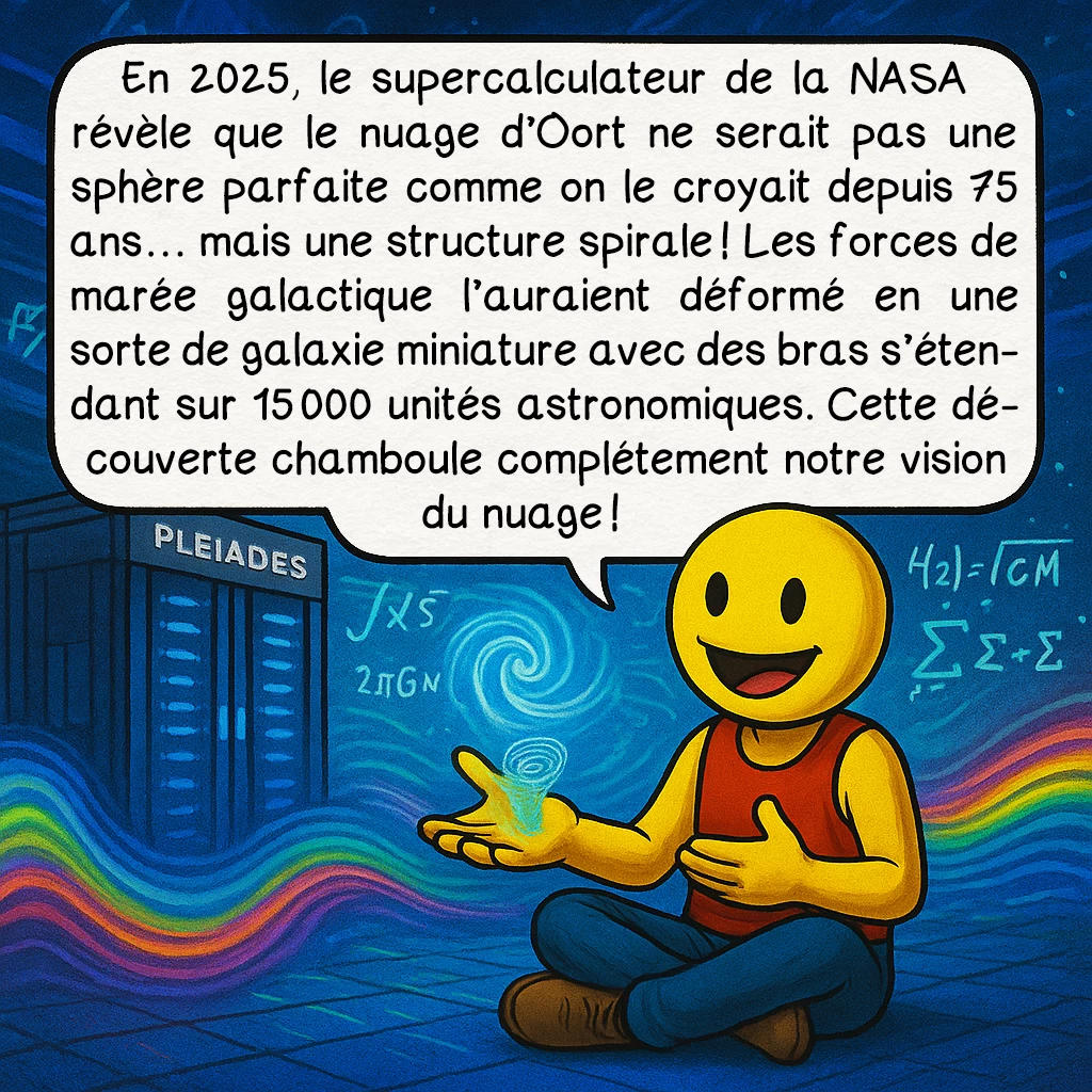 Le nuage d’Oort, case 7 : En 2025, le supercalculateur de la NASA révèle que le nuage d’Oort ne serait pas une sphère parfaite comme on le croyait depuis 75 ans… mais une structure spirale ! Les forces de marée galactique l’auraient déformé en une sorte de galaxie miniature avec des bras s’étendant sur 15 000 unités astronomiques. Cette découverte chamboule complétement notre vision du nuage !