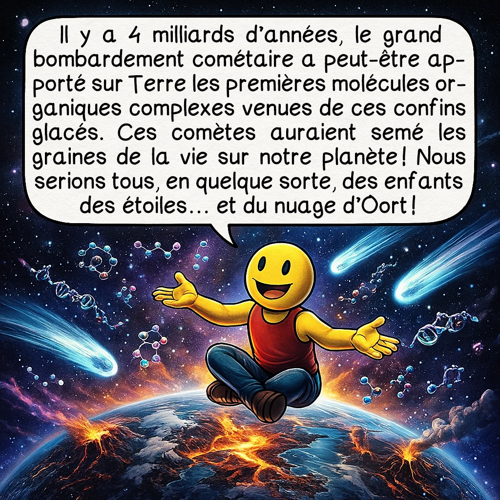 Le nuage d’Oort, case 8 : Il y a 4 milliards d’années, le grand bombardement cométaire a peut-être apporté sur Terre les premières molécules organiques complexes venues de ces confins glacés. Ces comètes auraient semé les graines de la vie sur notre planète ! Nous serions tous, en quelque sorte, des enfants des étoiles… et du nuage d’Oort !