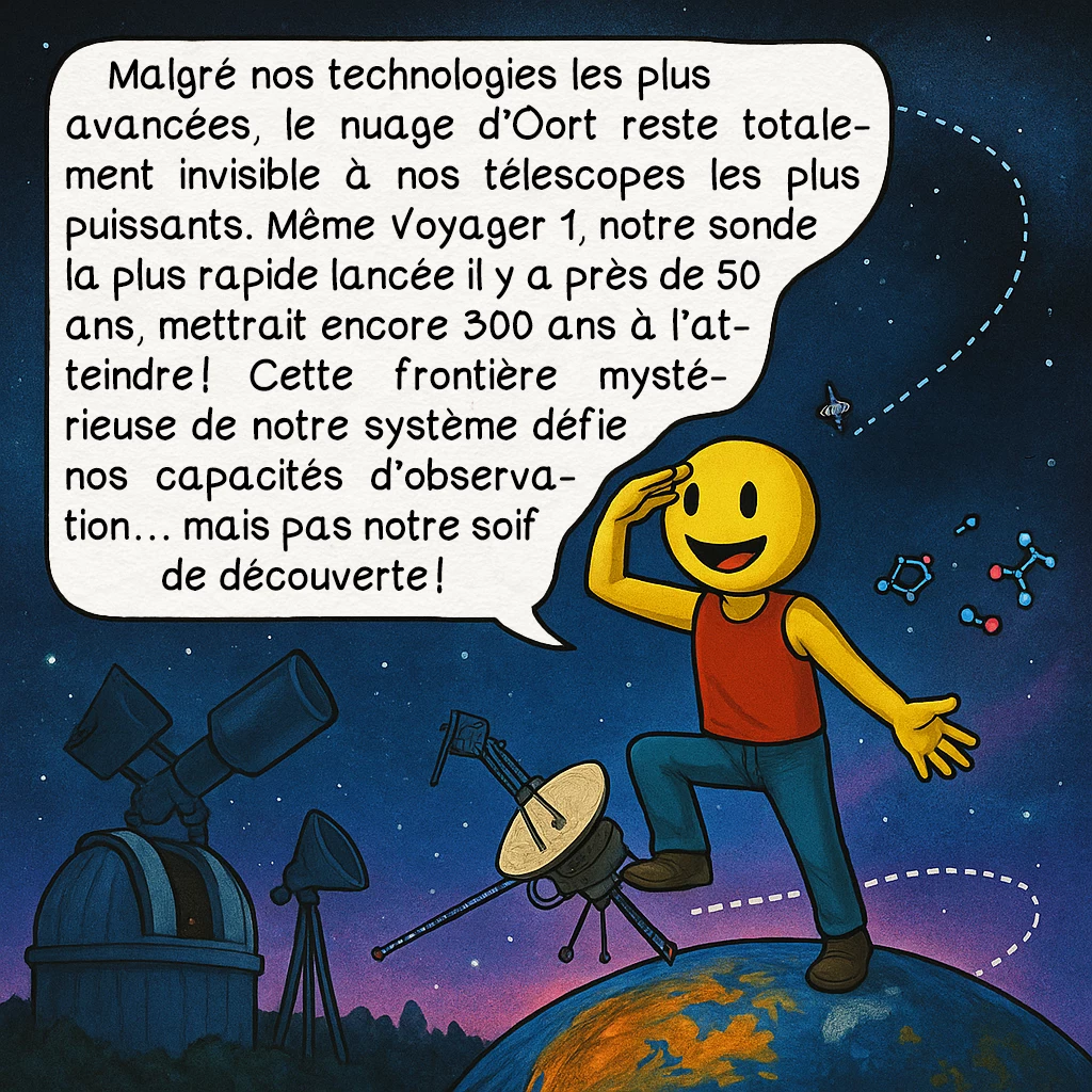 Le nuage d’Oort, case 9 : Malgré nos technologies les plus avancées, le nuage d’Oort reste totalement invisible à nos télescopes les plus puissants. Même Voyager 1, notre sonde la plus rapide lancée il y a près de 50 ans, mettrait encore 300 ans à l’atteindre ! Cette frontière mystérieuse de notre système défie nos capacités d’observation… mais pas notre soif de découverte !