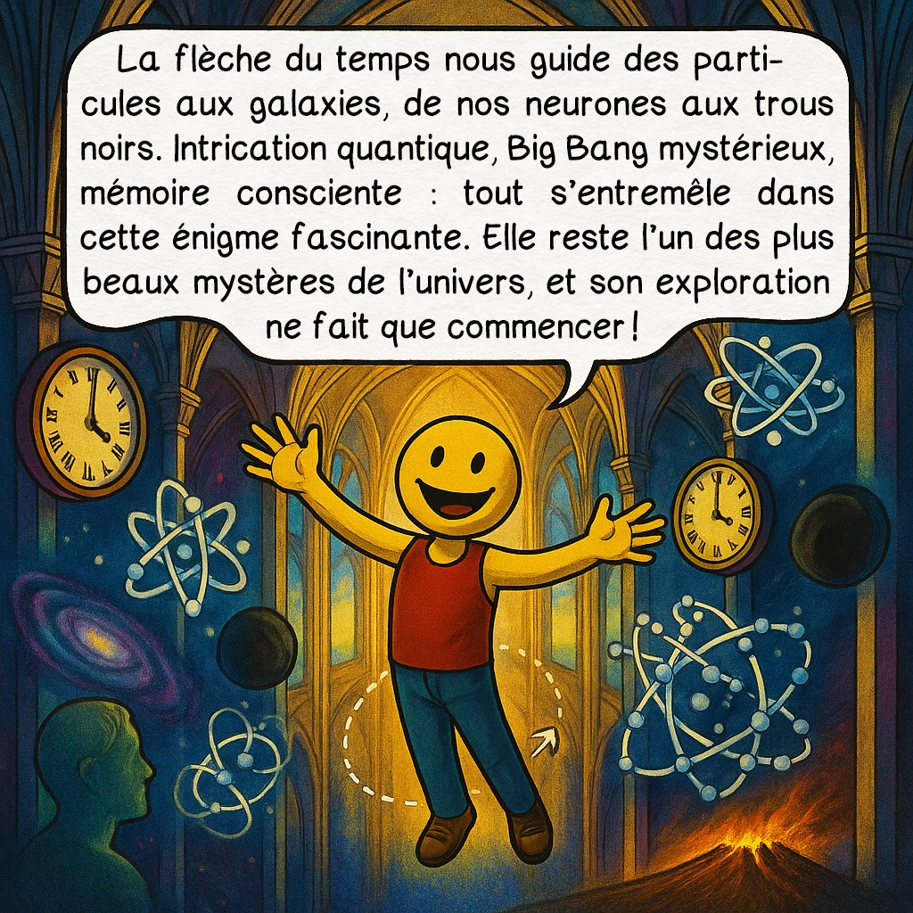 La flèche du temps, case 10 : La flèche du temps nous guide des particules aux galaxies, de nos neurones aux trous noirs. Intrication quantique, Big Bang mystérieux, mémoire consciente : tout s’entremêle dans cette énigme fascinante. Elle reste l’un des plus beaux mystères de l’univers, et son exploration ne fait que commencer !