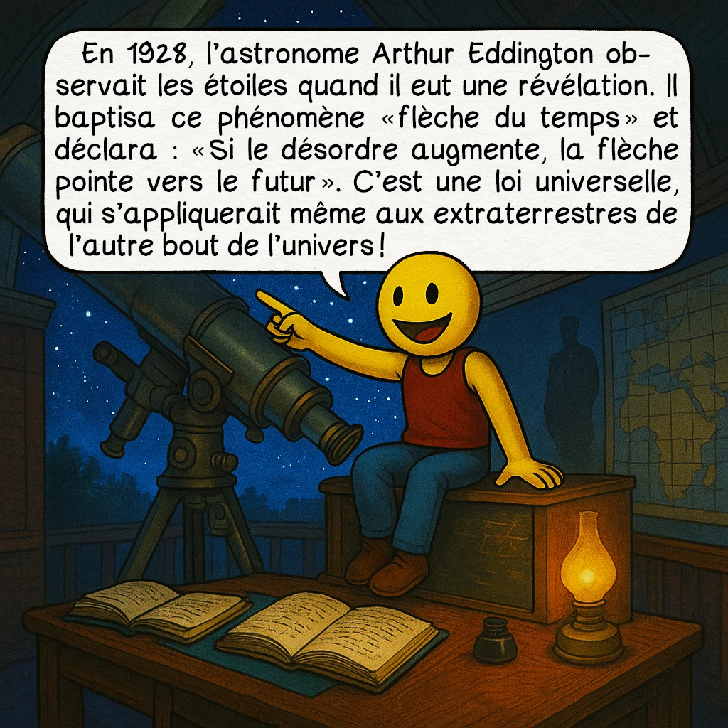 La flèche du temps, case 2 : En 1928, l’astronome Arthur Eddington observait les étoiles quand il eut une révélation. Il baptisa ce phénomène « flèche du temps » et déclara : « Si le désordre augmente, la flèche pointe vers le futur ». C’est une loi universelle, qui s’appliquerait même aux extraterrestres de l’autre bout de l’univers !