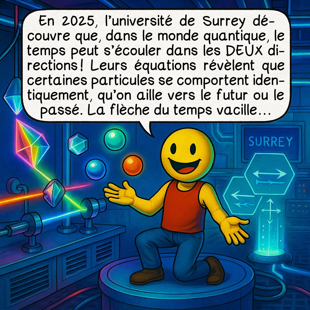 La flèche du temps, case 3 : En 2025, l’université de Surrey découvre que, dans le monde quantique, le temps peut s’écouler dans les DEUX directions ! Leurs équations révèlent que certaines particules se comportent identiquement, qu’on aille vers le futur ou le passé. La flèche du temps vacille…
