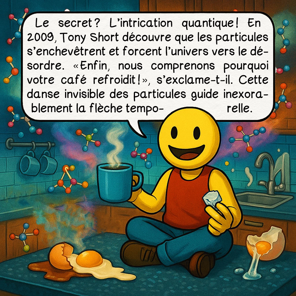 La flèche du temps, case 4 : Le secret ? L’intrication quantique ! En 2009, Tony Short découvre que les particules s’enchevêtrent et forcent l’univers vers le désordre. « Enfin, nous comprenons pourquoi votre café refroidit ! », s’exclame-t-il. Cette danse invisible des particules guide inexorablement la flèche temporelle.