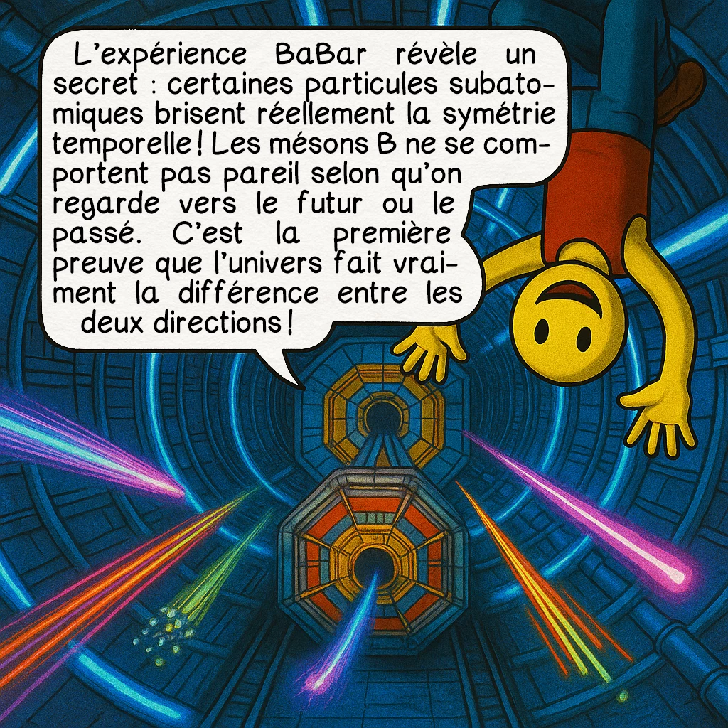 La flèche du temps, case 5 : L’expérience BaBar révèle un secret : certaines particules subatomiques brisent réellement la symétrie temporelle ! Les mésons B ne se comportent pas pareil selon qu’on regarde vers le futur ou le passé. C’est la première preuve que l’univers fait vraiment la différence entre les deux directions !