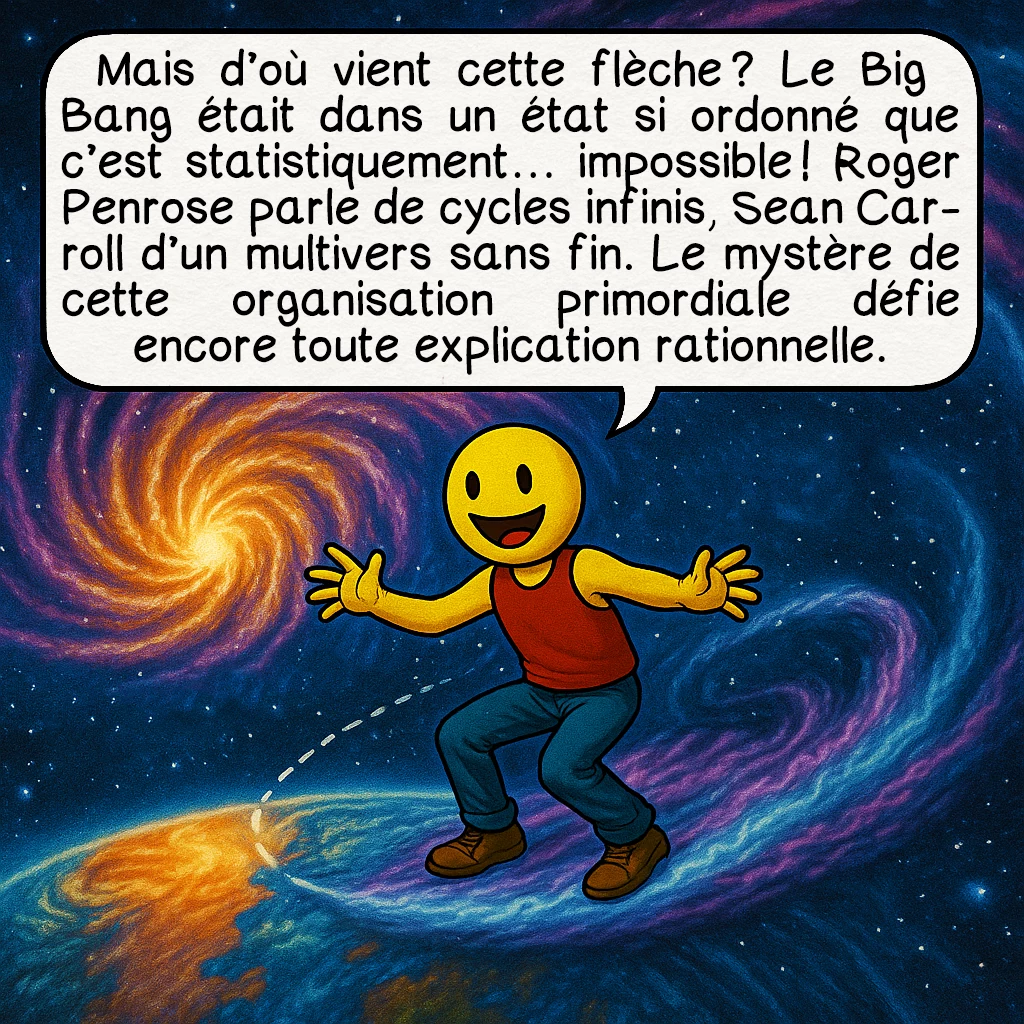 La flèche du temps, case 6 : Mais d’où vient cette flèche ? Le Big Bang était dans un état si ordonné que c’est statistiquement… impossible ! Roger Penrose parle de cycles infinis, Sean Carroll d’un multivers sans fin. Le mystère de cette organisation primordiale défie encore toute explication rationnelle.