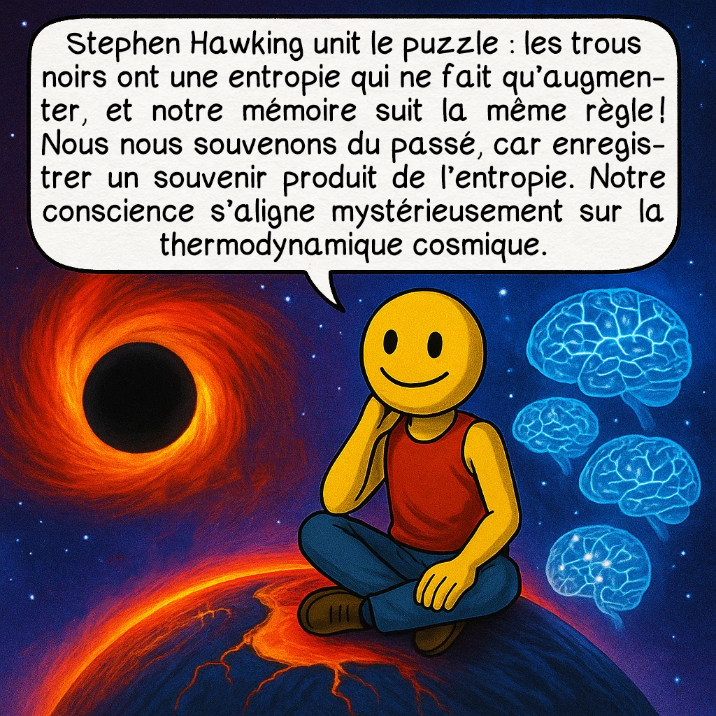 La flèche du temps, case 7 : Stephen Hawking unit le puzzle : les trous noirs ont une entropie qui ne fait qu’augmenter, et notre mémoire suit la même règle ! Nous nous souvenons du passé, car enregistrer un souvenir produit de l’entropie. Notre conscience s’aligne mystérieusement sur la thermodynamique cosmique.