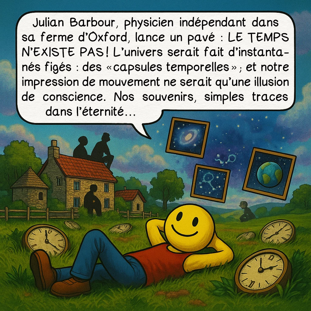 La flèche du temps, case 8 : Julian Barbour, physicien indépendant dans sa ferme d’Oxford, lance un pavé : LE TEMPS N’EXISTE PAS ! L’univers serait fait d’instantanés figés : des « capsules temporelles » ; et notre impression de mouvement ne serait qu’une illusion de conscience. Nos souvenirs, simples traces dans l’éternité…