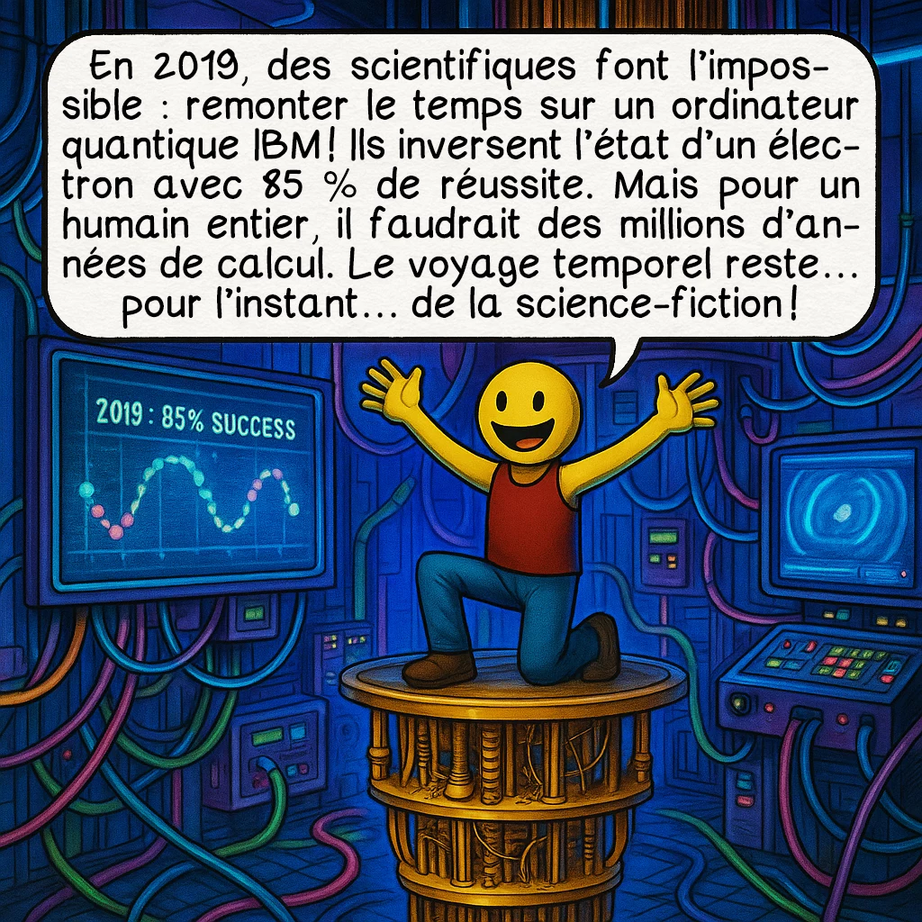 La flèche du temps, case 9 : En 2019, des scientifiques font l’impossible : remonter le temps sur un ordinateur quantique IBM ! Ils inversent l’état d’un électron avec 85 % de réussite. Mais pour un humain entier, il faudrait des millions d’années de calcul. Le voyage temporel reste… pour l’instant… de la science-fiction !
