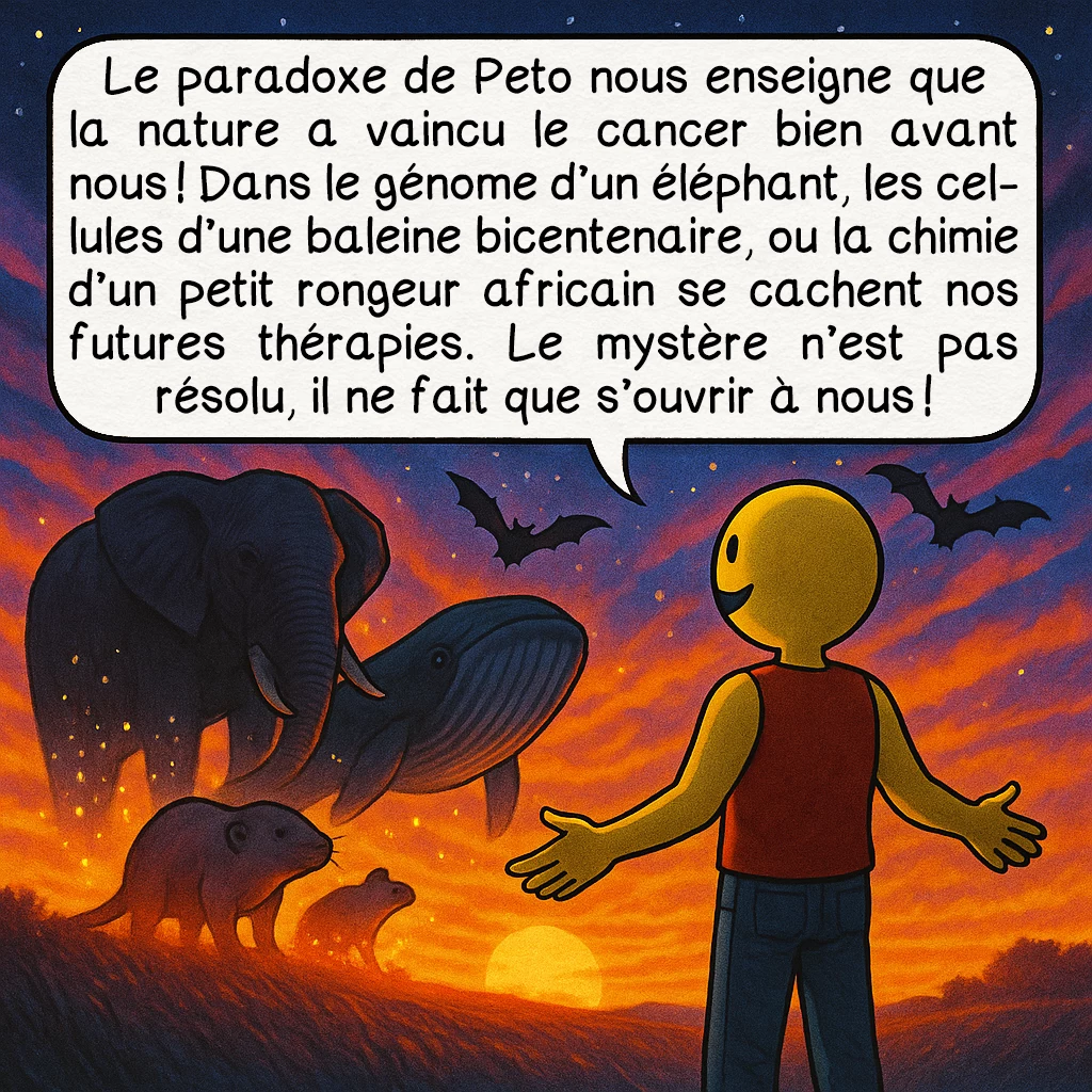 Le paradoxe de Peto, case 10 : Le paradoxe de Peto nous enseigne que la nature a vaincu le cancer bien avant nous ! Dans le génome d’un éléphant, les cellules d’une baleine bicentenaire, ou la chimie d’un petit rongeur africain se cachent nos futures thérapies. Le mystère n’est pas résolu, il ne fait que s’ouvrir à nous !