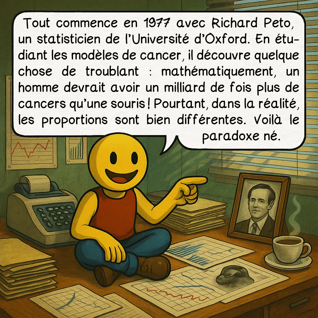 Le paradoxe de Peto, case 2 : Tout commence en 1977 avec Richard Peto, un statisticien de l’Université d’Oxford. En étudiant les modèles de cancer, il découvre quelque chose de troublant : mathématiquement, un homme devrait avoir un milliard de fois plus de cancers qu’une souris ! Pourtant, dans la réalité, les proportions sont bien différentes. Voilà le paradoxe né.