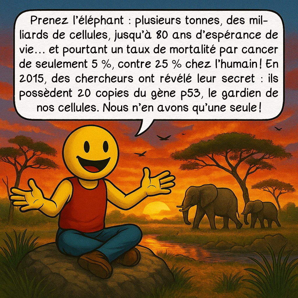 Le paradoxe de Peto, case 3 : Prenez l’éléphant : plusieurs tonnes, des milliards de cellules, jusqu’à 80 ans d’espérance de vie… et pourtant un taux de mortalité par cancer de seulement 5 %, contre 25 % chez l’humain ! En 2015, des chercheurs ont révélé leur secret : ils possèdent 20 copies du gène p53, le gardien de nos cellules. Nous n’en avons qu’une seule !