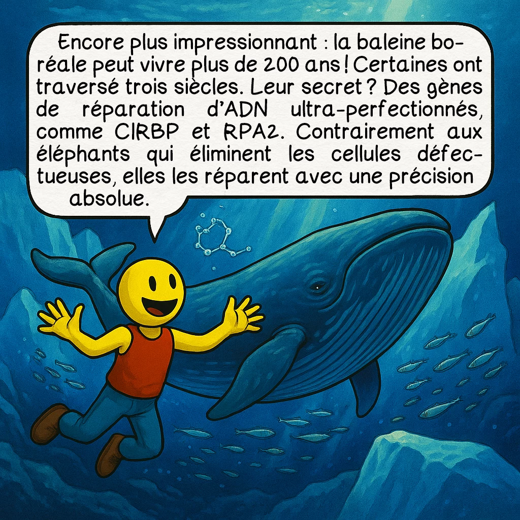 Le paradoxe de Peto, case 4 : Encore plus impressionnant : la baleine boréale peut vivre plus de 200 ans ! Certaines ont traversé trois siècles. Leur secret ? Des gènes de réparation d’ADN ultra-perfectionnés, comme CIRBP et RPA2. Contrairement aux éléphants qui éliminent les cellules défectueuses, elles les réparent avec une précision absolue.
