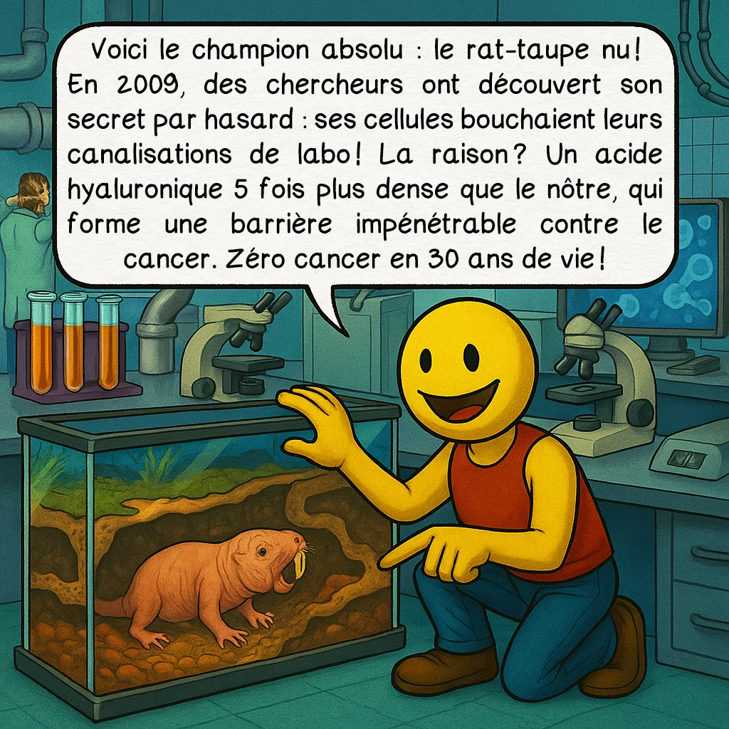 Le paradoxe de Peto, case 5 : Voici le champion absolu : le rat-taupe nu ! En 2009, des chercheurs ont découvert son secret par hasard : ses cellules bouchaient leurs canalisations de labo ! La raison ? Un acide hyaluronique 5 fois plus dense que le nôtre, qui forme une barrière impénétrable contre le cancer. Zéro cancer en 30 ans de vie !