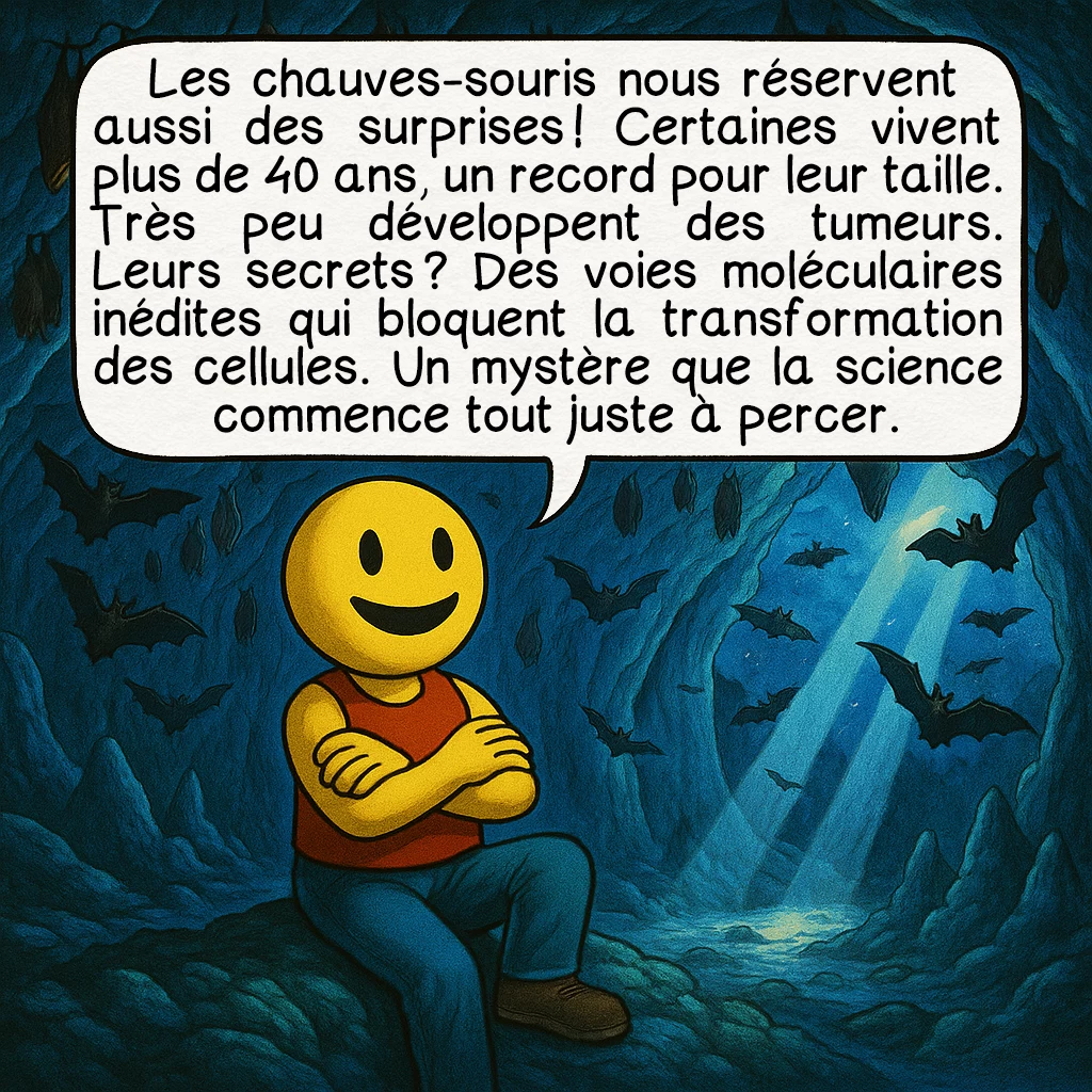 Le paradoxe de Peto, case 6 : Les chauves-souris nous réservent aussi des surprises ! Certaines vivent plus de 40 ans, un record pour leur taille. Très peu développent des tumeurs. Leurs secrets ? Des voies moléculaires inédites qui bloquent la transformation des cellules. Un mystère que la science commence tout juste à percer.
