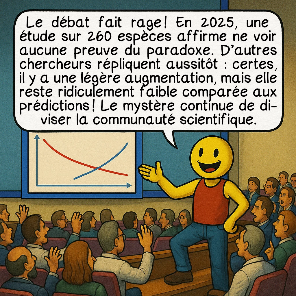 Le paradoxe de Peto, case 7 : Le débat fait rage ! En 2025, une étude sur 260 espèces affirme ne voir aucune preuve du paradoxe. D’autres chercheurs répliquent aussitôt : certes, il y a une légère augmentation, mais elle reste ridiculement faible comparée aux prédictions ! Le mystère continue de diviser la communauté scientifique.