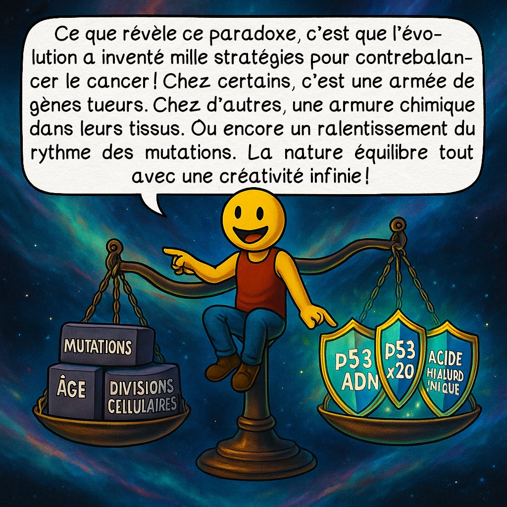 Le paradoxe de Peto, case 8 : Ce que révèle ce paradoxe, c’est que l’évolution a inventé mille stratégies pour contrebalancer le cancer ! Chez certains, c’est une armée de gènes tueurs. Chez d’autres, une armure chimique dans leurs tissus. Ou encore un ralentissement du rythme des mutations. La nature équilibre tout avec une créativité infinie !