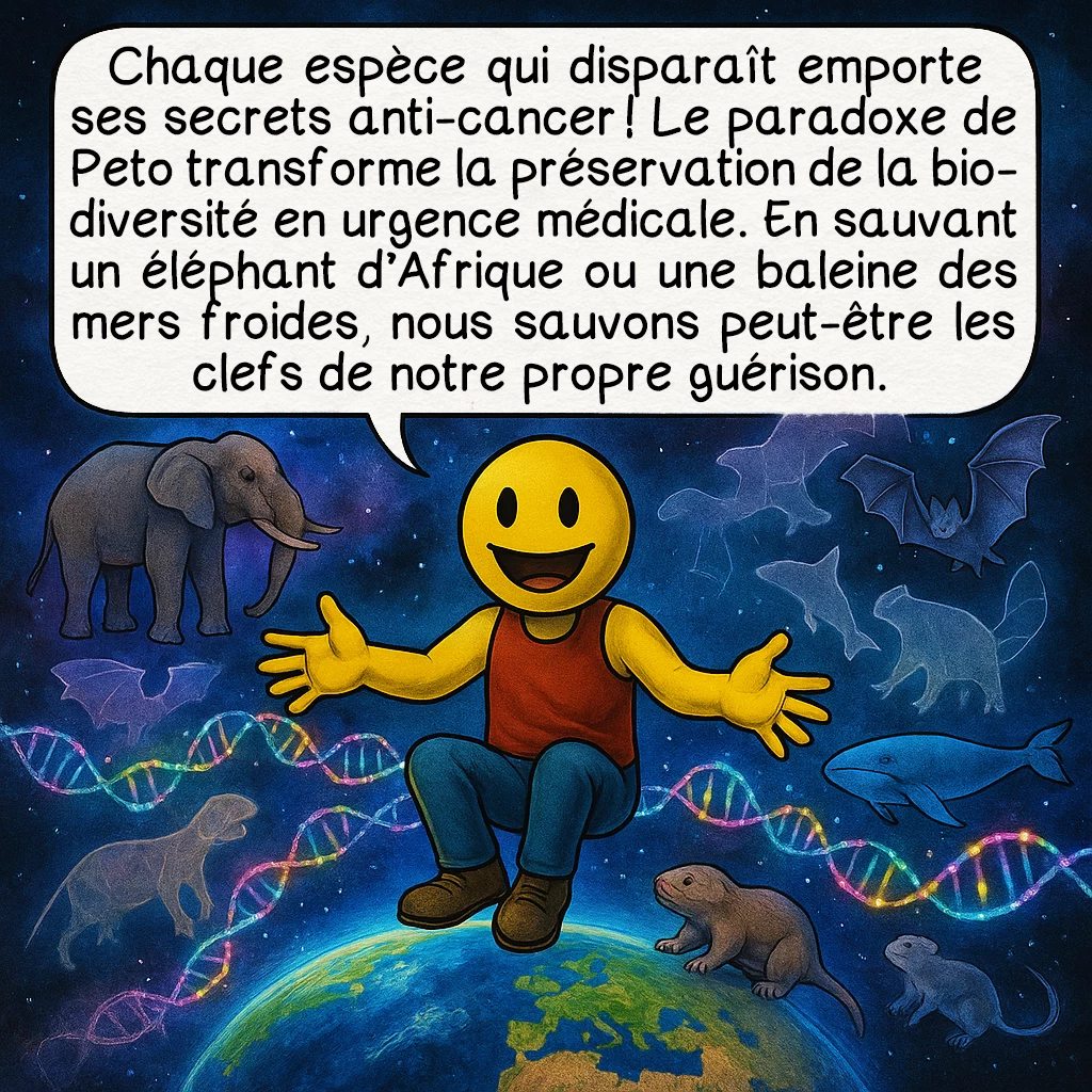 Le paradoxe de Peto, case 9 : Chaque espèce qui disparaît emporte ses secrets anti-cancer ! Le paradoxe de Peto transforme la préservation de la biodiversité en urgence médicale. En sauvant un éléphant d’Afrique ou une baleine des mers froides, nous sauvons peut-être les clefs de notre propre guérison.
