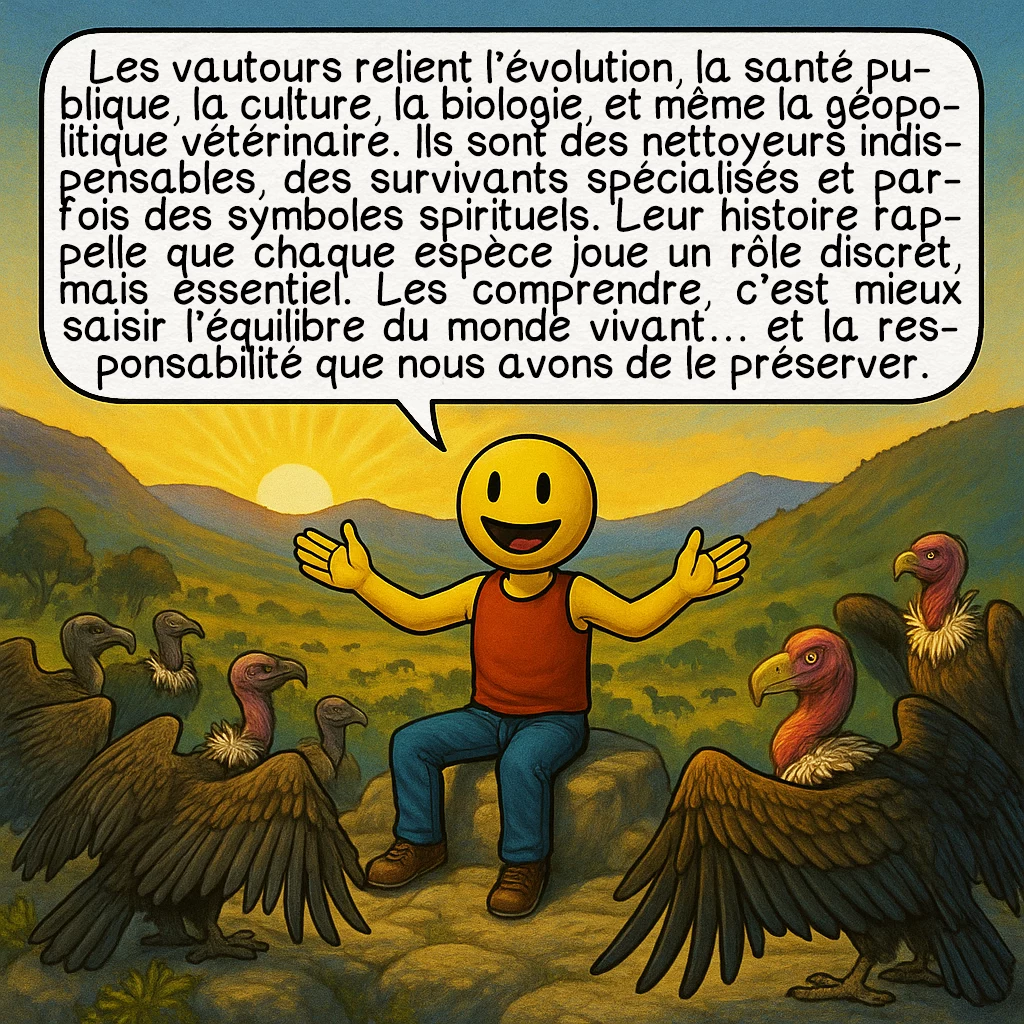 Le vautour, case 10 : Les vautours relient l’évolution, la santé publique, la culture, la biologie, et même la géopolitique vétérinaire. Ils sont des nettoyeurs indispensables, des survivants spécialisés et parfois des symboles spirituels. Leur histoire rappelle que chaque espèce joue un rôle discret, mais essentiel. Les comprendre, c’est mieux saisir l’équilibre du monde vivant… et la responsabilité que nous avons de le préserver.