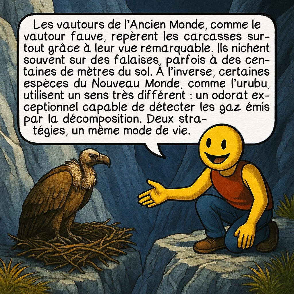 Le vautour, case 2 : Les vautours de l’Ancien Monde, comme le vautour fauve, repèrent les carcasses surtout grâce à leur vue remarquable. Ils nichent souvent sur des falaises, parfois à des centaines de mètres du sol. À l’inverse, certaines espèces du Nouveau Monde, comme l’urubu, utilisent un sens très différent : un odorat exceptionnel capable de détecter les gaz émis par la décomposition. Deux stratégies, un même mode de vie.