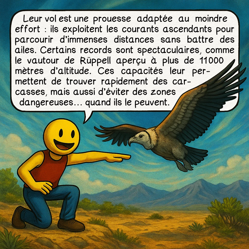 Le vautour, case 3 : Leur vol est une prouesse adaptée au moindre effort : ils exploitent les courants ascendants pour parcourir d’immenses distances sans battre des ailes. Certains records sont spectaculaires, comme le vautour de Rüppell aperçu à plus de 11 000 mètres d’altitude. Ces capacités leur permettent de trouver rapidement des carcasses, mais aussi d’éviter des zones dangereuses… quand ils le peuvent.