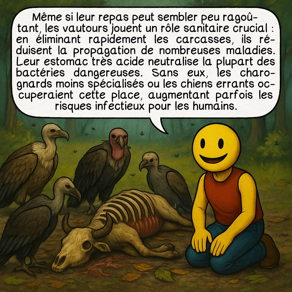Le vautour, case 4 : Même si leur repas peut sembler peu ragoûtant, les vautours jouent un rôle sanitaire crucial : en éliminant rapidement les carcasses, ils réduisent la propagation de nombreuses maladies. Leur estomac très acide neutralise la plupart des bactéries dangereuses. Sans eux, les charognards moins spécialisés ou les chiens errants occuperaient cette place, augmentant parfois les risques infectieux pour les humains.