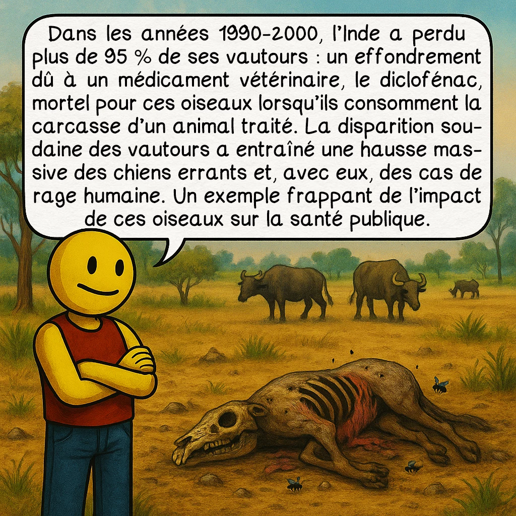 Le vautour, case 5 : Dans les années 1990-2000, l’Inde a perdu plus de 95 % de ses vautours : un effondrement dû à un médicament vétérinaire, le diclofénac, mortel pour ces oiseaux lorsqu’ils consomment la carcasse d’un animal traité. La disparition soudaine des vautours a entraîné une hausse massive des chiens errants et, avec eux, des cas de rage humaine. Un exemple frappant de l’impact de ces oiseaux sur la santé publique.