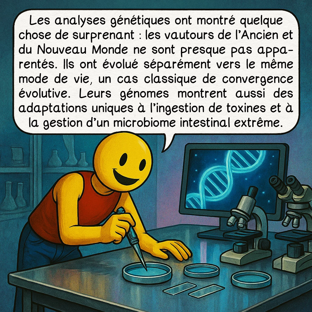 Le vautour, case 6 : Les analyses génétiques ont montré quelque chose de surprenant : les vautours de l’Ancien et du Nouveau Monde ne sont presque pas apparentés. Ils ont évolué séparément vers le même mode de vie, un cas classique de convergence évolutive. Leurs génomes montrent aussi des adaptations uniques à l’ingestion de toxines et à la gestion d’un microbiome intestinal extrême.