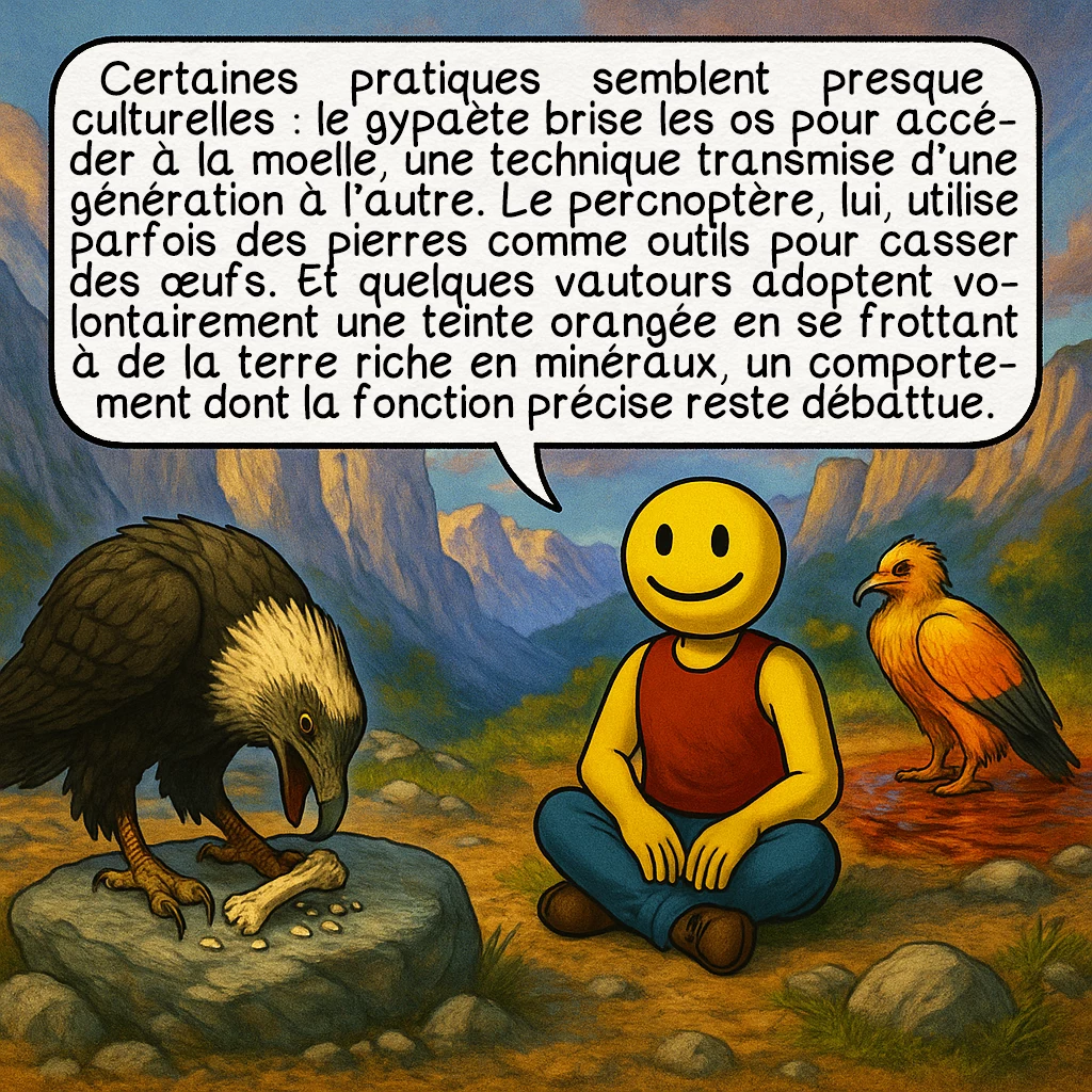 Le vautour, case 7 : Certaines pratiques semblent presque culturelles : le gypaète brise les os pour accéder à la moelle, une technique transmise d’une génération à l’autre. Le percnoptère, lui, utilise parfois des pierres comme outils pour casser des œufs. Et quelques vautours adoptent volontairement une teinte orangée en se frottant à de la terre riche en minéraux, un comportement dont la fonction précise reste débattue.