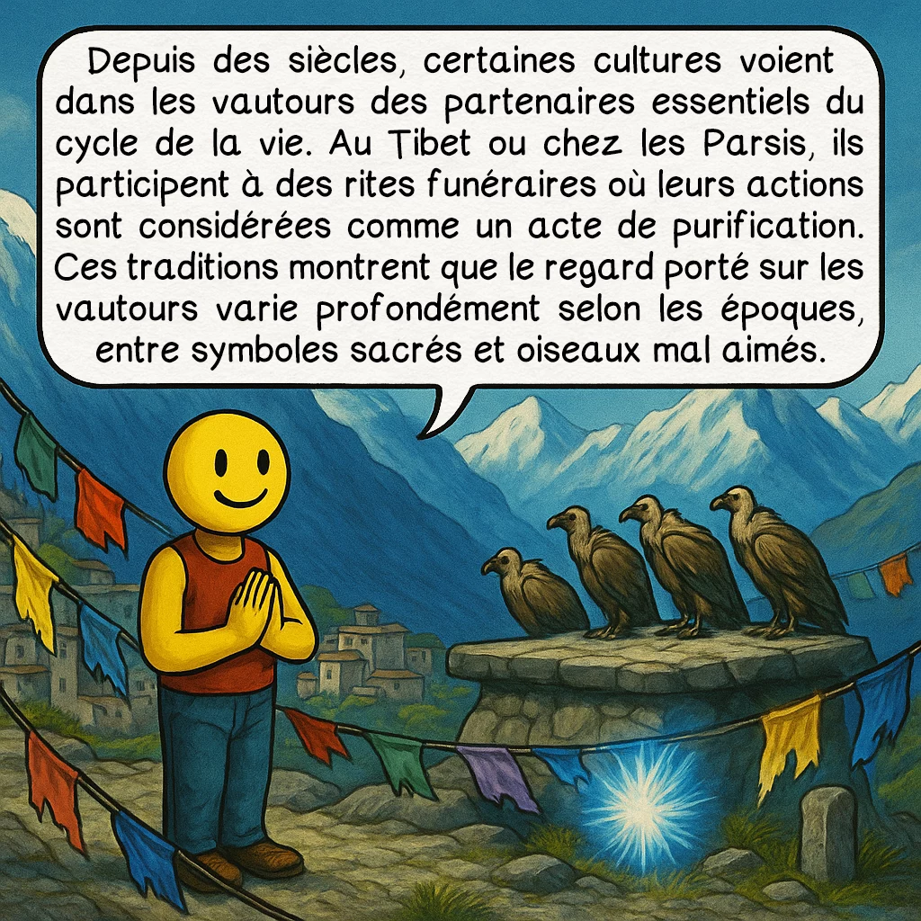 Le vautour, case 8 : Depuis des siècles, certaines cultures voient dans les vautours des partenaires essentiels du cycle de la vie. Au Tibet ou chez les Parsis, ils participent à des rites funéraires où leurs actions sont considérées comme un acte de purification. Ces traditions montrent que le regard porté sur les vautours varie profondément selon les époques, entre symboles sacrés et oiseaux mal aimés.