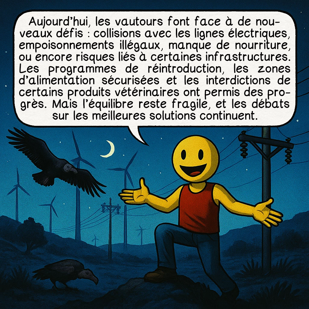 Le vautour, case 9 : Aujourd’hui, les vautours font face à de nouveaux défis : collisions avec les lignes électriques, empoisonnements illégaux, manque de nourriture, ou encore risques liés à certaines infrastructures. Les programmes de réintroduction, les zones d’alimentation sécurisées et les interdictions de certains produits vétérinaires ont permis des progrès. Mais l’équilibre reste fragile, et les débats sur les meilleures solutions continuent.