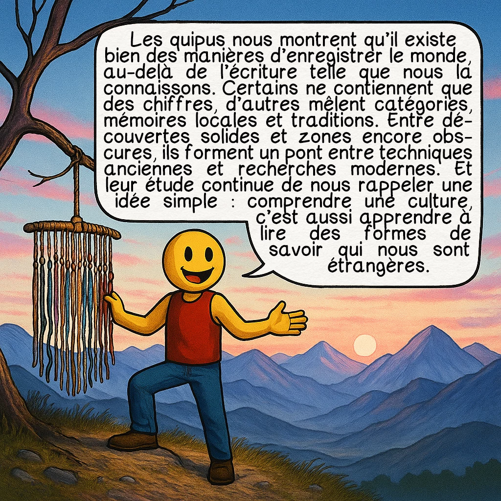 Les quipus incas, case 10 : Les quipus nous montrent qu’il existe bien des manières d’enregistrer le monde, au-delà de l’écriture telle que nous la connaissons. Certains ne contiennent que des chiffres, d’autres mêlent catégories, mémoires locales et traditions. Entre découvertes solides et zones encore obscures, ils forment un pont entre techniques anciennes et recherches modernes. Et leur étude continue de nous rappeler une idée simple : comprendre une culture, c’est aussi apprendre à lire des formes de savoir qui nous sont étrangères.