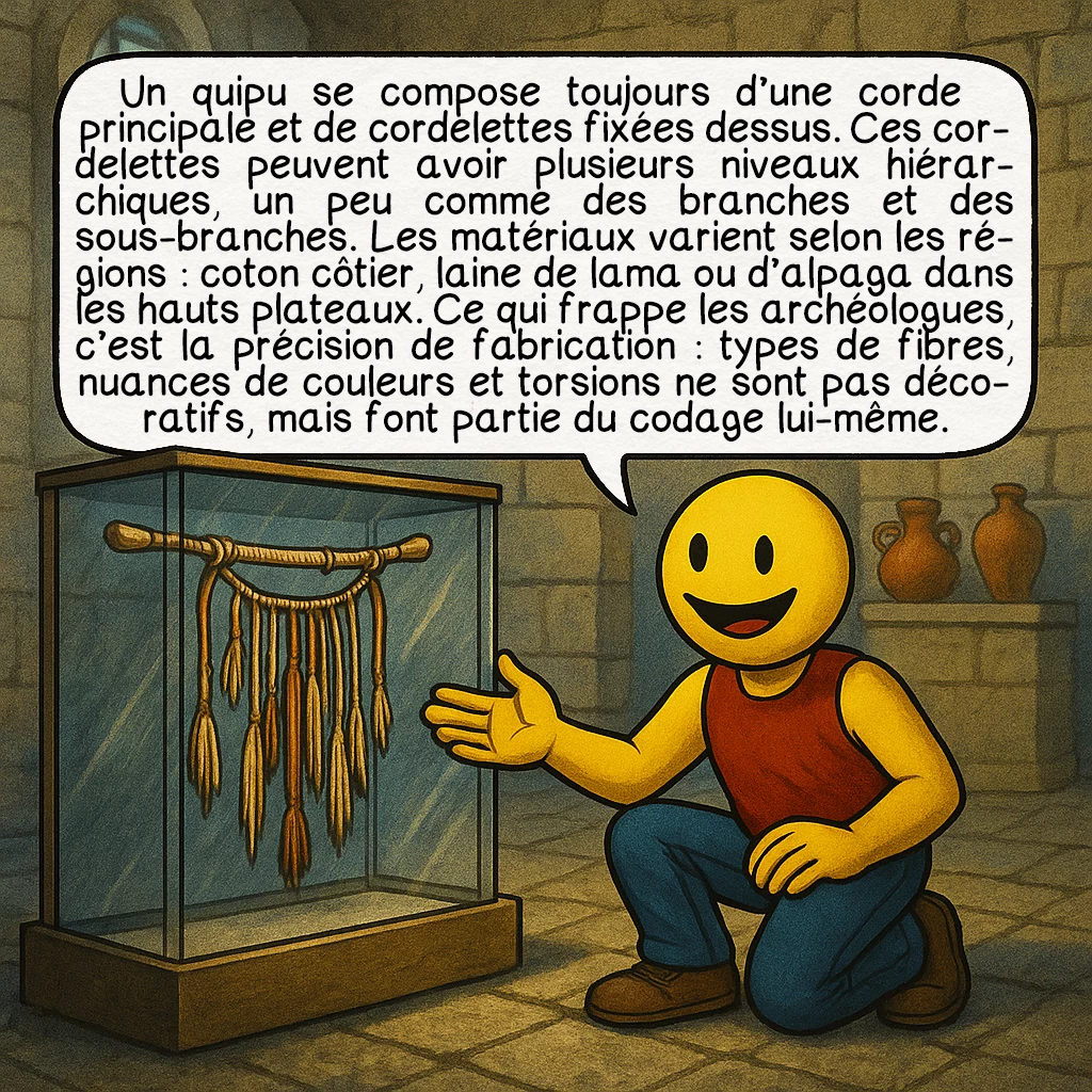 Les quipus incas, case 2 : Un quipu se compose toujours d’une corde principale et de cordelettes fixées dessus. Ces cordelettes peuvent avoir plusieurs niveaux hiérarchiques, un peu comme des branches et des sous-branches. Les matériaux varient selon les régions : coton côtier, laine de lama ou d’alpaga dans les hauts plateaux. Ce qui frappe les archéologues, c’est la précision de fabrication : types de fibres, nuances de couleurs et torsions ne sont pas décoratifs, mais font partie du codage lui-même.