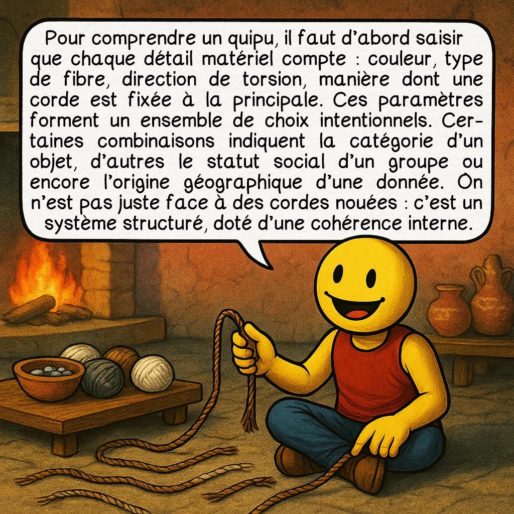Les quipus incas, case 3 : Pour comprendre un quipu, il faut d’abord saisir que chaque détail matériel compte : couleur, type de fibre, direction de torsion, manière dont une corde est fixée à la principale. Ces paramètres forment un ensemble de choix intentionnels. Certaines combinaisons indiquent la catégorie d’un objet, d’autres le statut social d’un groupe ou encore l’origine géographique d’une donnée. On n’est pas juste face à des cordes nouées : c’est un système structuré, doté d’une cohérence interne.
