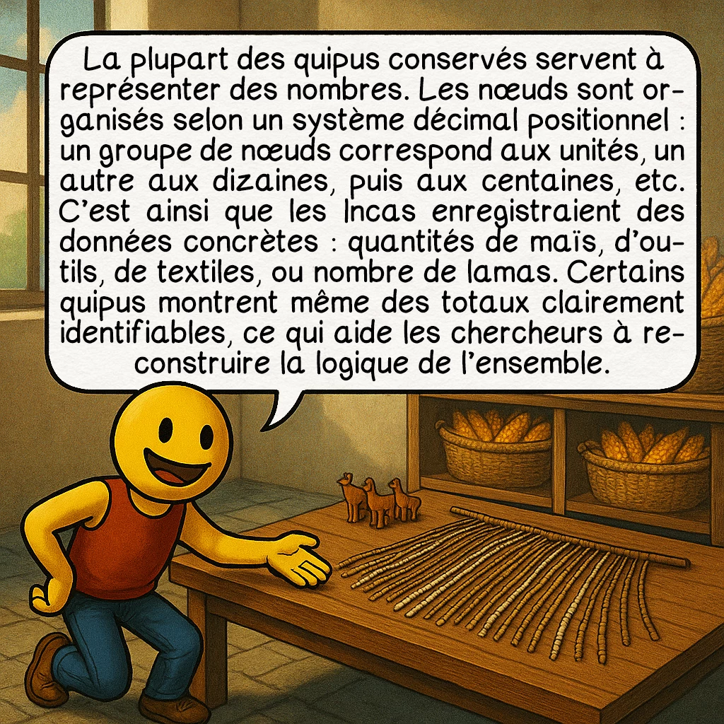 Les quipus incas, case 4 : La plupart des quipus conservés servent à représenter des nombres. Les nœuds sont organisés selon un système décimal positionnel : un groupe de nœuds correspond aux unités, un autre aux dizaines, puis aux centaines, etc. C’est ainsi que les Incas enregistraient des données concrètes : quantités de maïs, d’outils, de textiles, ou nombre de lamas. Certains quipus montrent même des totaux clairement identifiables, ce qui aide les chercheurs à reconstruire la logique de l’ensemble.