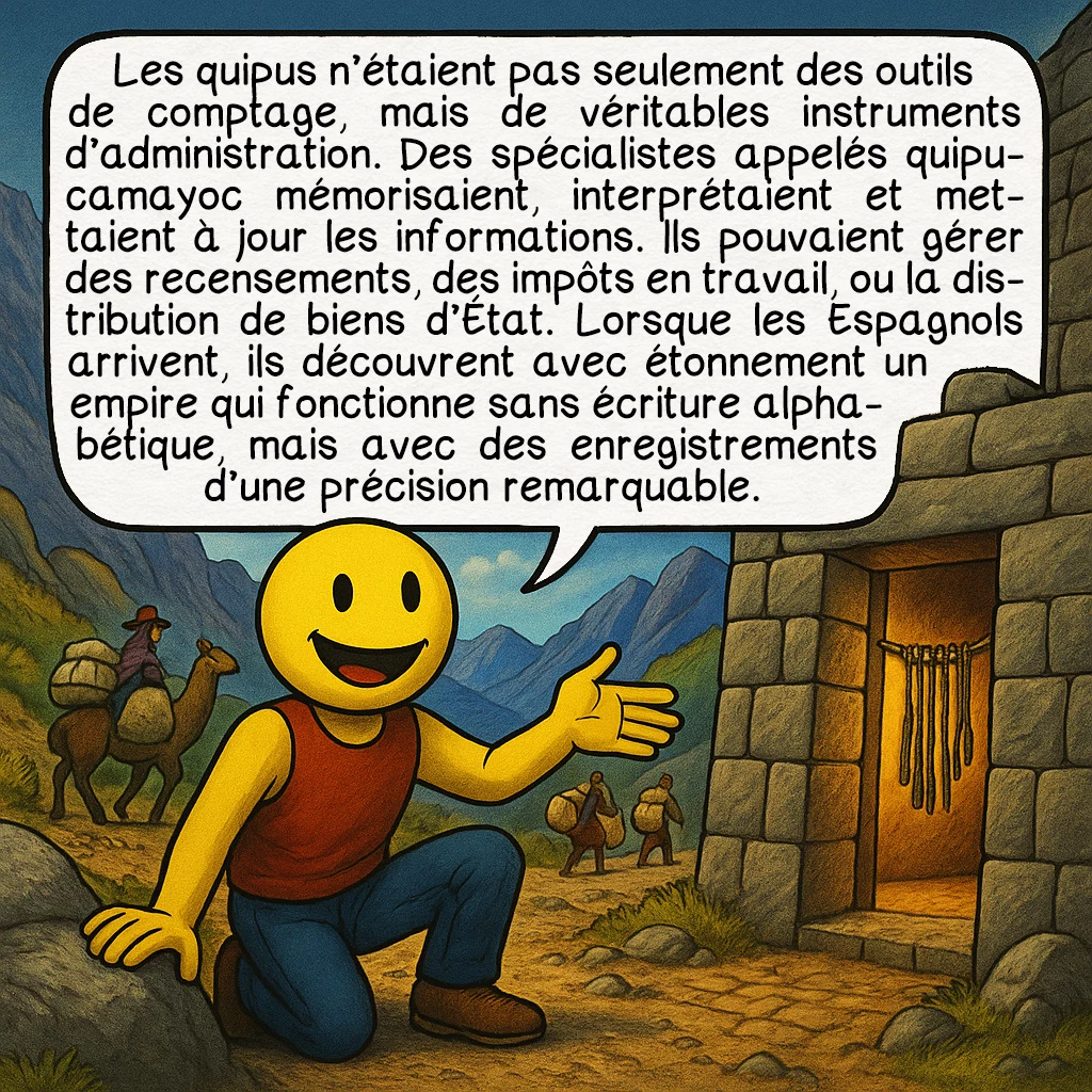 Les quipus incas, case 5 : Les quipus n’étaient pas seulement des outils de comptage, mais de véritables instruments d’administration. Des spécialistes appelés quipucamayoc mémorisaient, interprétaient et mettaient à jour les informations. Ils pouvaient gérer des recensements, des impôts en travail, ou la distribution de biens d’État. Lorsque les Espagnols arrivent, ils découvrent avec étonnement un empire qui fonctionne sans écriture alphabétique, mais avec des enregistrements d’une précision remarquable.
