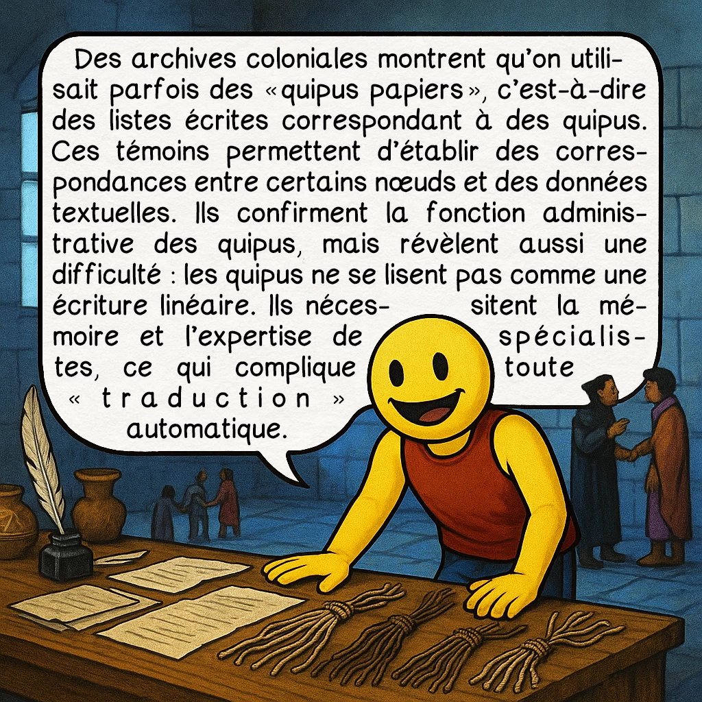 Les quipus incas, case 6 : Des archives coloniales montrent qu’on utilisait parfois des « quipus papiers », c’est-à-dire des listes écrites correspondant à des quipus. Ces témoins permettent d’établir des correspondances entre certains nœuds et des données textuelles. Ils confirment la fonction administrative des quipus, mais révèlent aussi une difficulté : les quipus ne se lisent pas comme une écriture linéaire. Ils nécessitent la mémoire et l’expertise de spécialistes, ce qui complique toute « traduction » automatique.