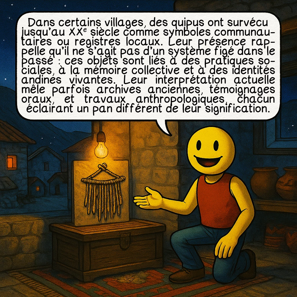 Les quipus incas, case 8 : Dans certains villages, des quipus ont survécu jusqu’au XXᵉ siècle comme symboles communautaires ou registres locaux. Leur présence rappelle qu’il ne s’agit pas d’un système figé dans le passé : ces objets sont liés à des pratiques sociales, à la mémoire collective et à des identités andines vivantes. Leur interprétation actuelle mêle parfois archives anciennes, témoignages oraux, et travaux anthropologiques, chacun éclairant un pan différent de leur signification.