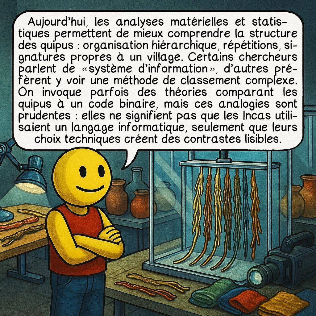 Les quipus incas, case 9 : Aujourd’hui, les analyses matérielles et statistiques permettent de mieux comprendre la structure des quipus : organisation hiérarchique, répétitions, signatures propres à un village. Certains chercheurs parlent de « système d’information », d’autres préfèrent y voir une méthode de classement complexe. On invoque parfois des théories comparant les quipus à un code binaire, mais ces analogies sont prudentes : elles ne signifient pas que les Incas utilisaient un langage informatique, seulement que leurs choix techniques créent des contrastes lisibles.
