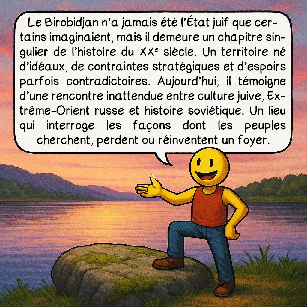 Le Birobidjan, case 10 : Le Birobidjan n’a jamais été l’État juif que certains imaginaient, mais il demeure un chapitre singulier de l’histoire du XXᵉ siècle. Un territoire né d’idéaux, de contraintes stratégiques et d’espoirs parfois contradictoires. Aujourd’hui, il témoigne d’une rencontre inattendue entre culture juive, Extrême-Orient russe et histoire soviétique. Un lieu qui interroge les façons dont les peuples cherchent, perdent ou réinventent un foyer.