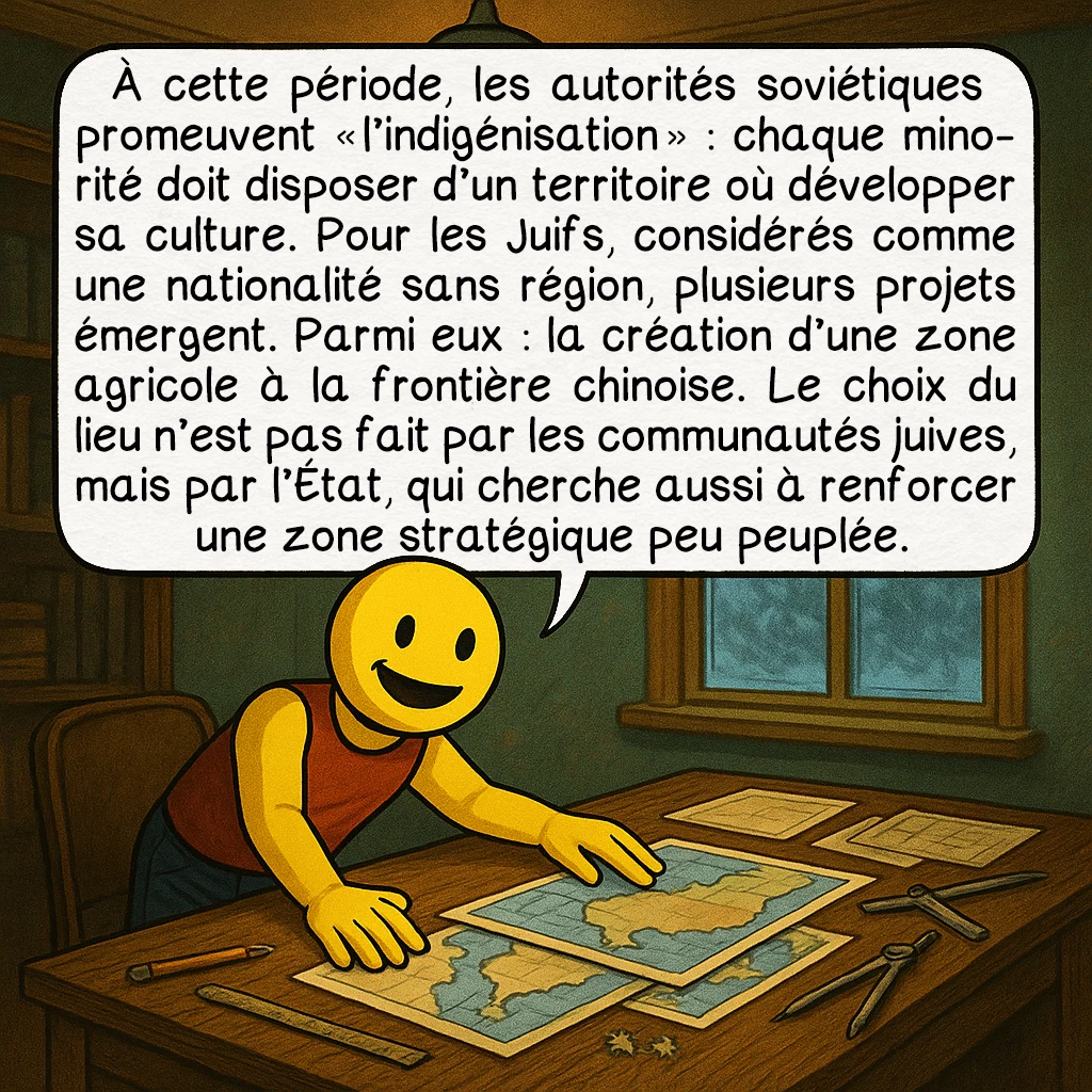 Le Birobidjan, case 2 : À cette période, les autorités soviétiques promeuvent « l’indigénisation » : chaque minorité doit disposer d’un territoire où développer sa culture. Pour les Juifs, considérés comme une nationalité sans région, plusieurs projets émergent. Parmi eux : la création d’une zone agricole à la frontière chinoise. Le choix du lieu n’est pas fait par les communautés juives, mais par l’État, qui cherche aussi à renforcer une zone stratégique peu peuplée.
