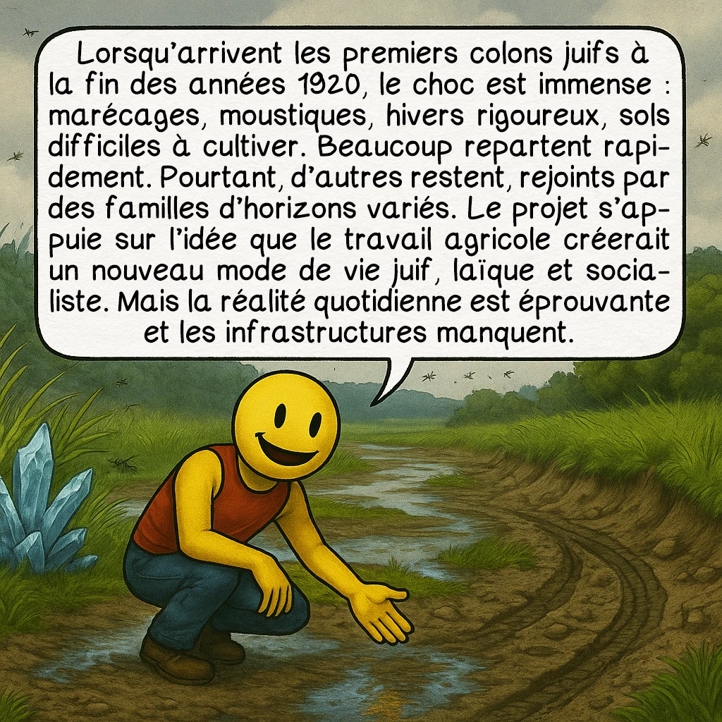 Le Birobidjan, case 3 : Lorsqu’arrivent les premiers colons juifs à la fin des années 1920, le choc est immense : marécages, moustiques, hivers rigoureux, sols difficiles à cultiver. Beaucoup repartent rapidement. Pourtant, d’autres restent, rejoints par des familles d’horizons variés. Le projet s’appuie sur l’idée que le travail agricole créerait un nouveau mode de vie juif, laïque et socialiste. Mais la réalité quotidienne est éprouvante et les infrastructures manquent.