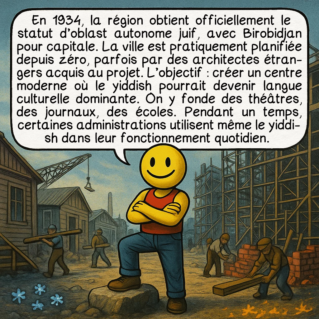 Le Birobidjan, case 4 : En 1934, la région obtient officiellement le statut d’oblast autonome juif, avec Birobidjan pour capitale. La ville est pratiquement planifiée depuis zéro, parfois par des architectes étrangers acquis au projet. L’objectif : créer un centre moderne où le yiddish pourrait devenir langue culturelle dominante. On y fonde des théâtres, des journaux, des écoles. Pendant un temps, certaines administrations utilisent même le yiddish dans leur fonctionnement quotidien.