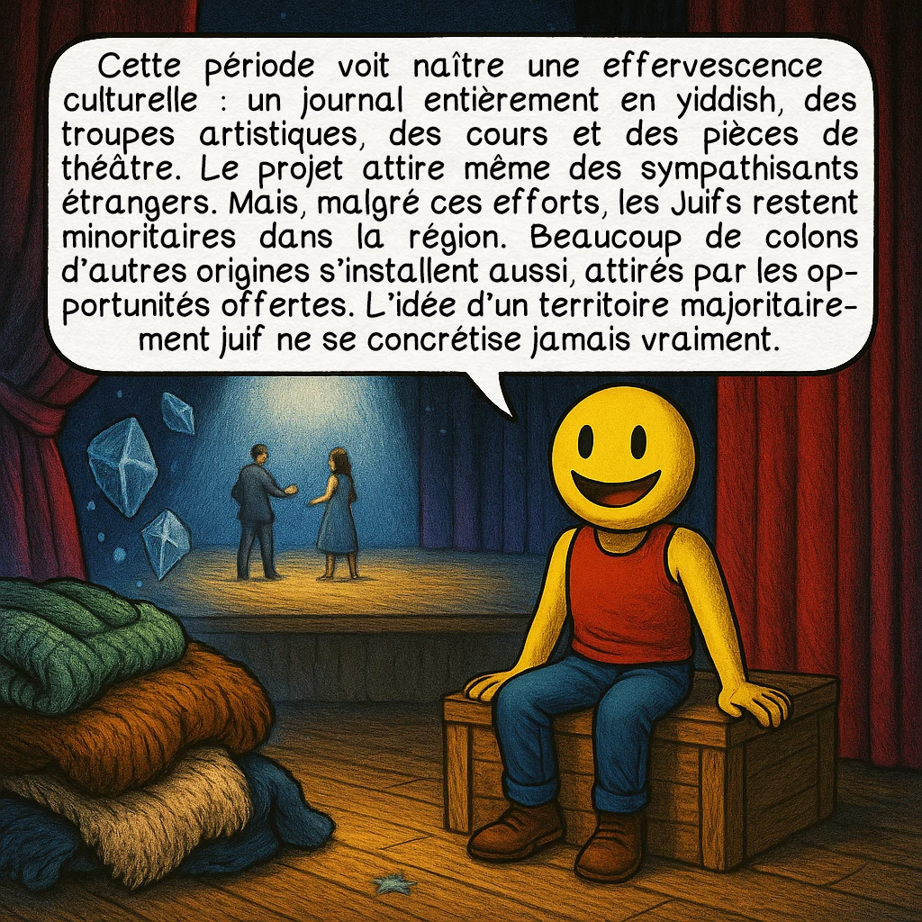 Le Birobidjan, case 5 : Cette période voit naître une effervescence culturelle : un journal entièrement en yiddish, des troupes artistiques, des cours et des pièces de théâtre. Le projet attire même des sympathisants étrangers. Mais, malgré ces efforts, les Juifs restent minoritaires dans la région. Beaucoup de colons d’autres origines s’installent aussi, attirés par les opportunités offertes. L’idée d’un territoire majoritairement juif ne se concrétise jamais vraiment.